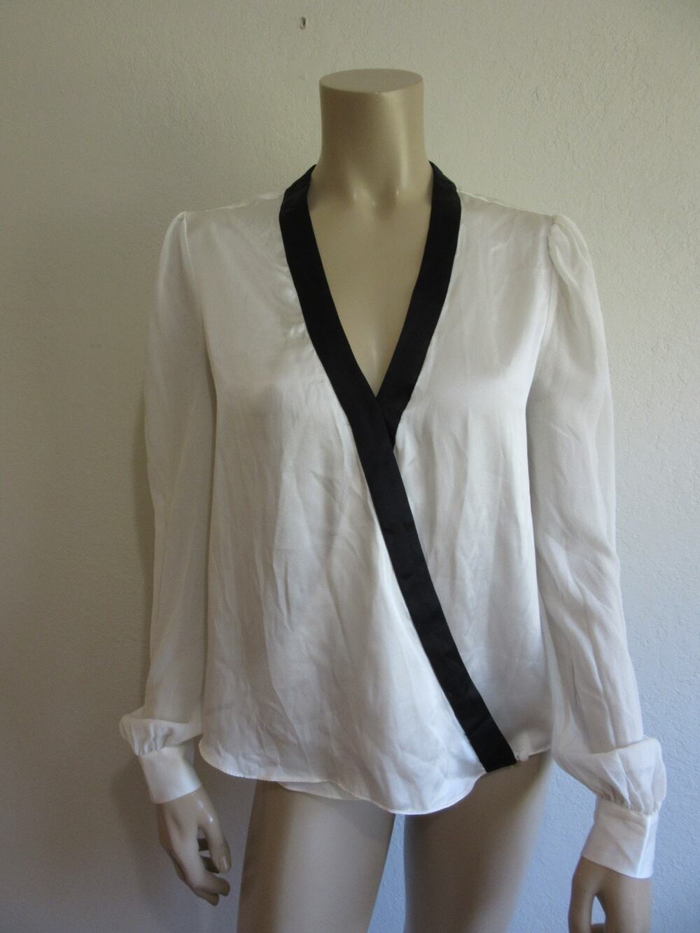 GENERATION LOVE White & Black Cross Over Long Sheer Sleeve Silk S Blouse-JB1